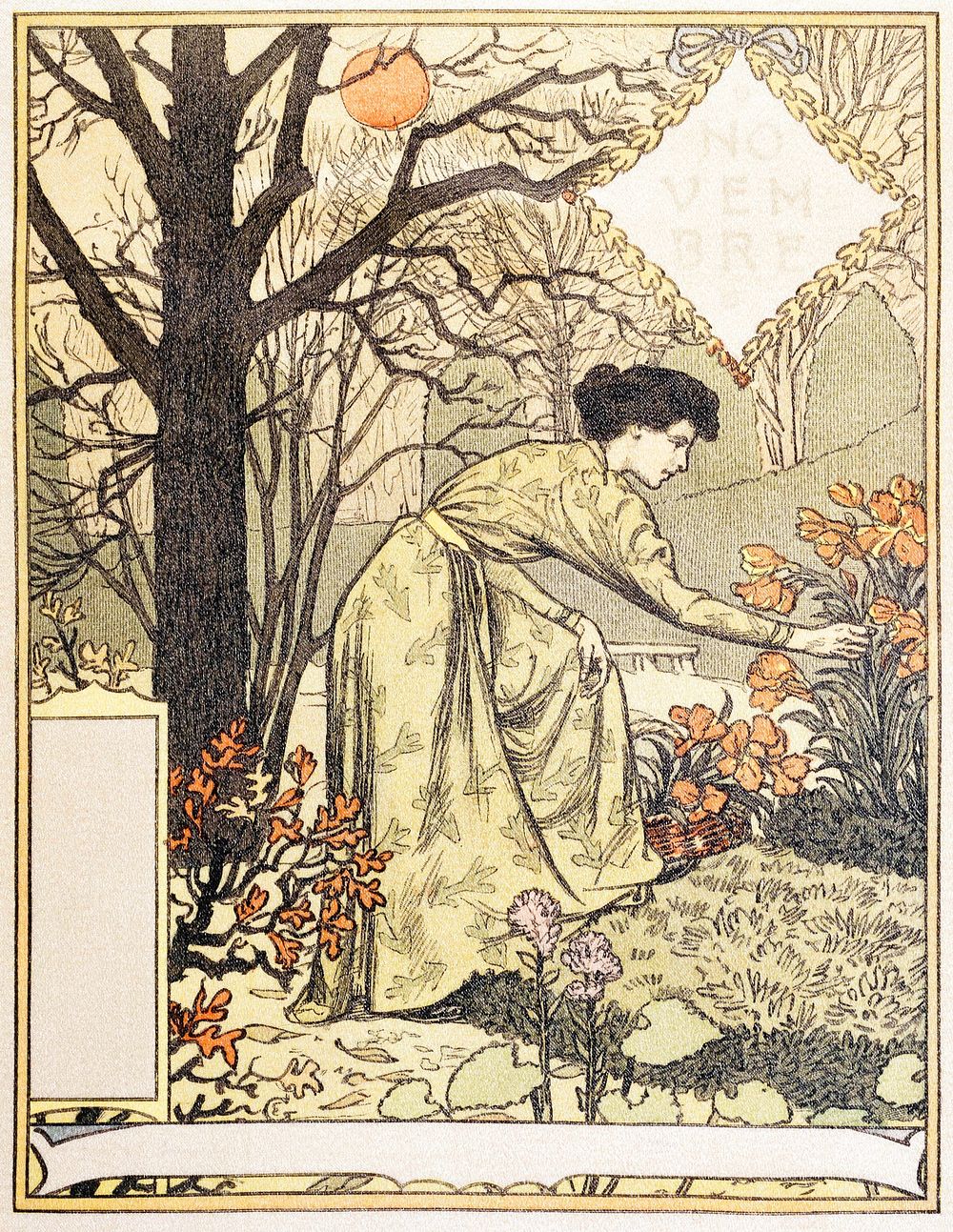 &ldquo;Allegory of the month of November&rdquo; (1845-1917), vintage woman illustration by Eugene Grasset. Original public…