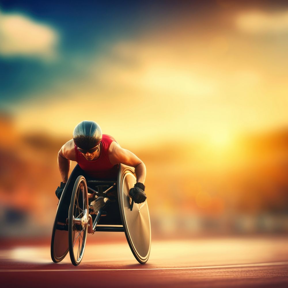 a photo of a male athlete in a wheelchair racing on the racetrack at the stadium.  