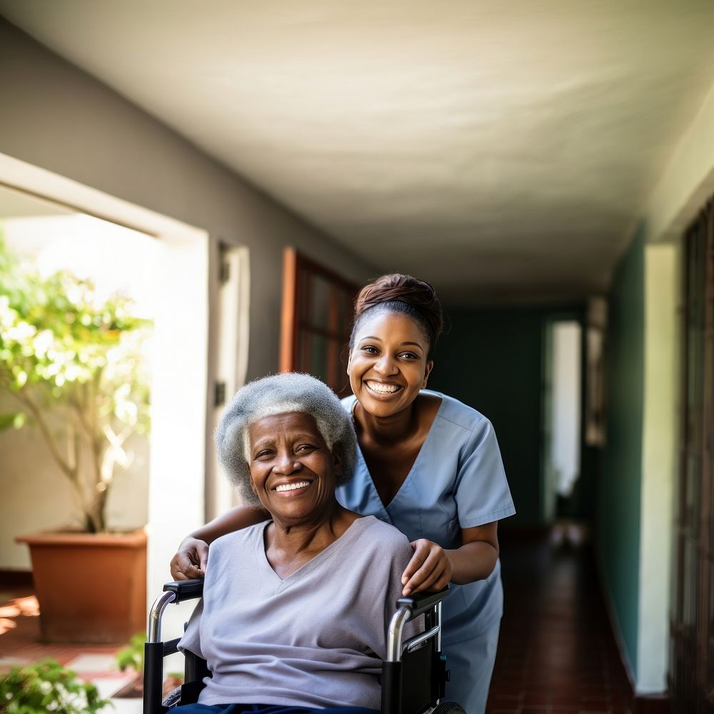 Wheelchair sitting nurse togetherness. AI generated Image by rawpixel.