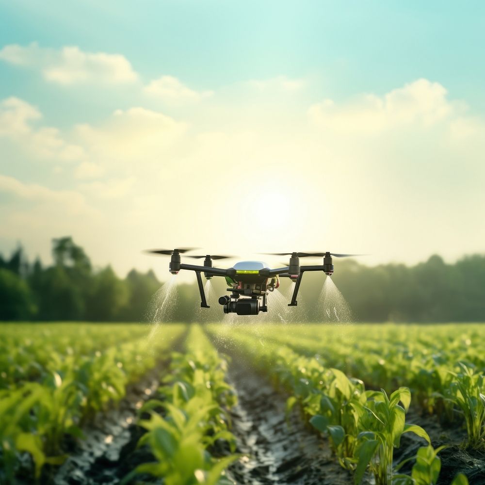 photo of drone in agriculture, drone spraying water.  