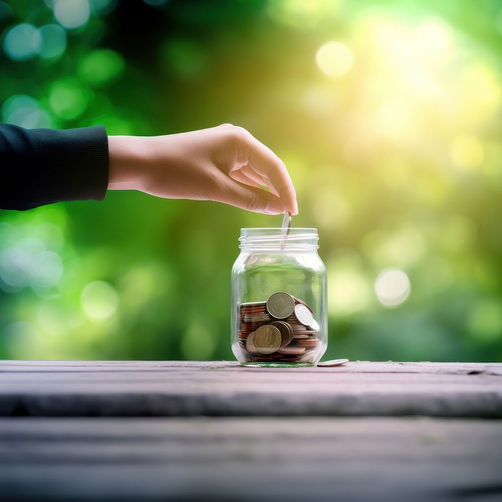 Photo of hand putting Coins in glass jar for giving and donation concept.  