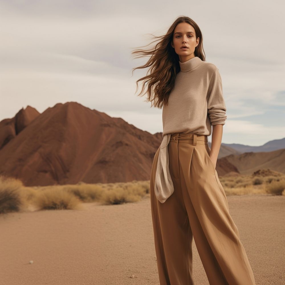 A woman standing wearing a minimal colorful outfit nature outdoors desert. AI generated Image by rawpixel.