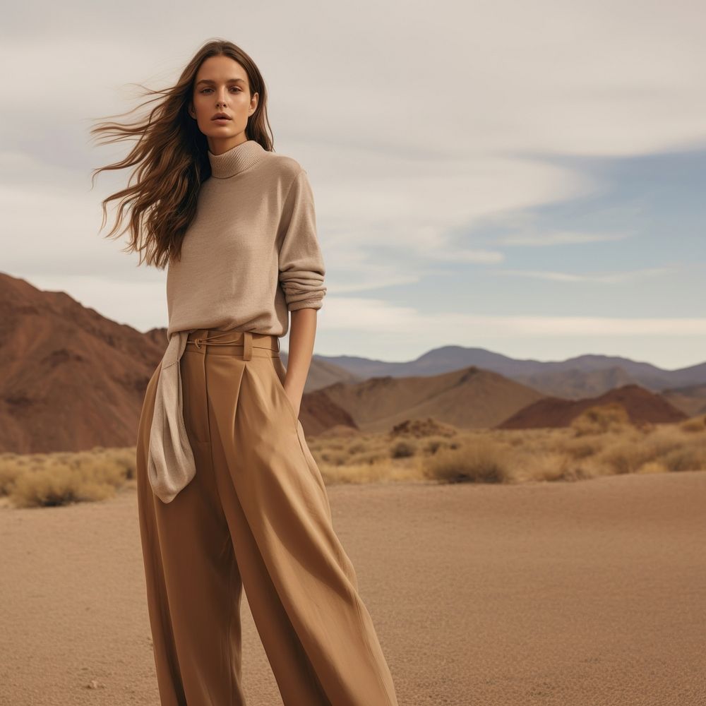 A woman standing wearing a minimal colorful outfit nature outdoors adult. 