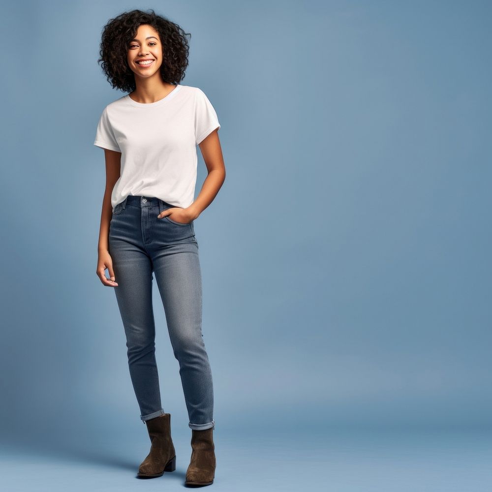 American-asian woman standing jeans denim. 