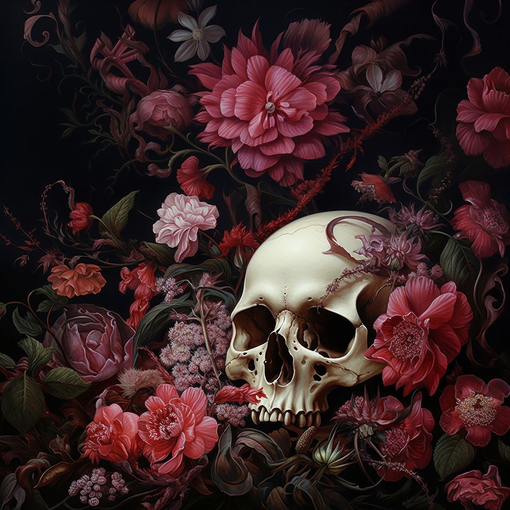 blooming flowers with skull. 