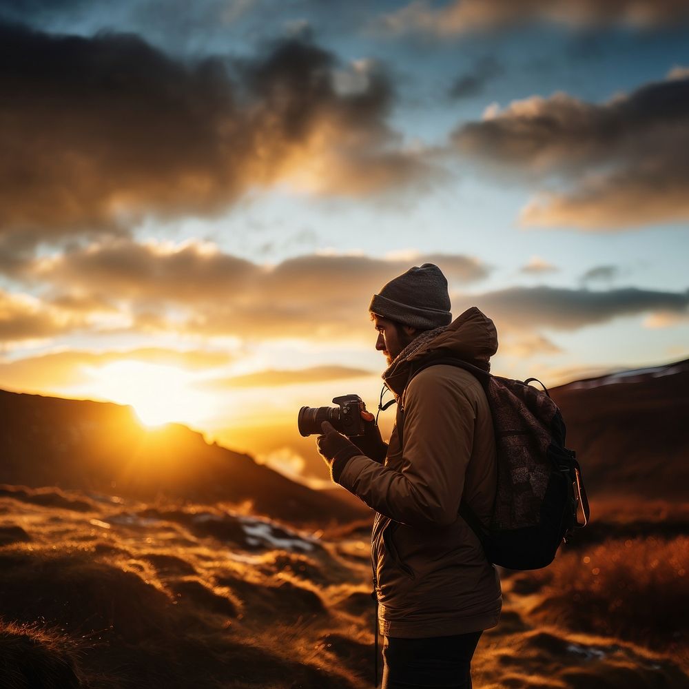 front-left view Photo of a man holding camera, taking picture in the wild in a chilly day. 