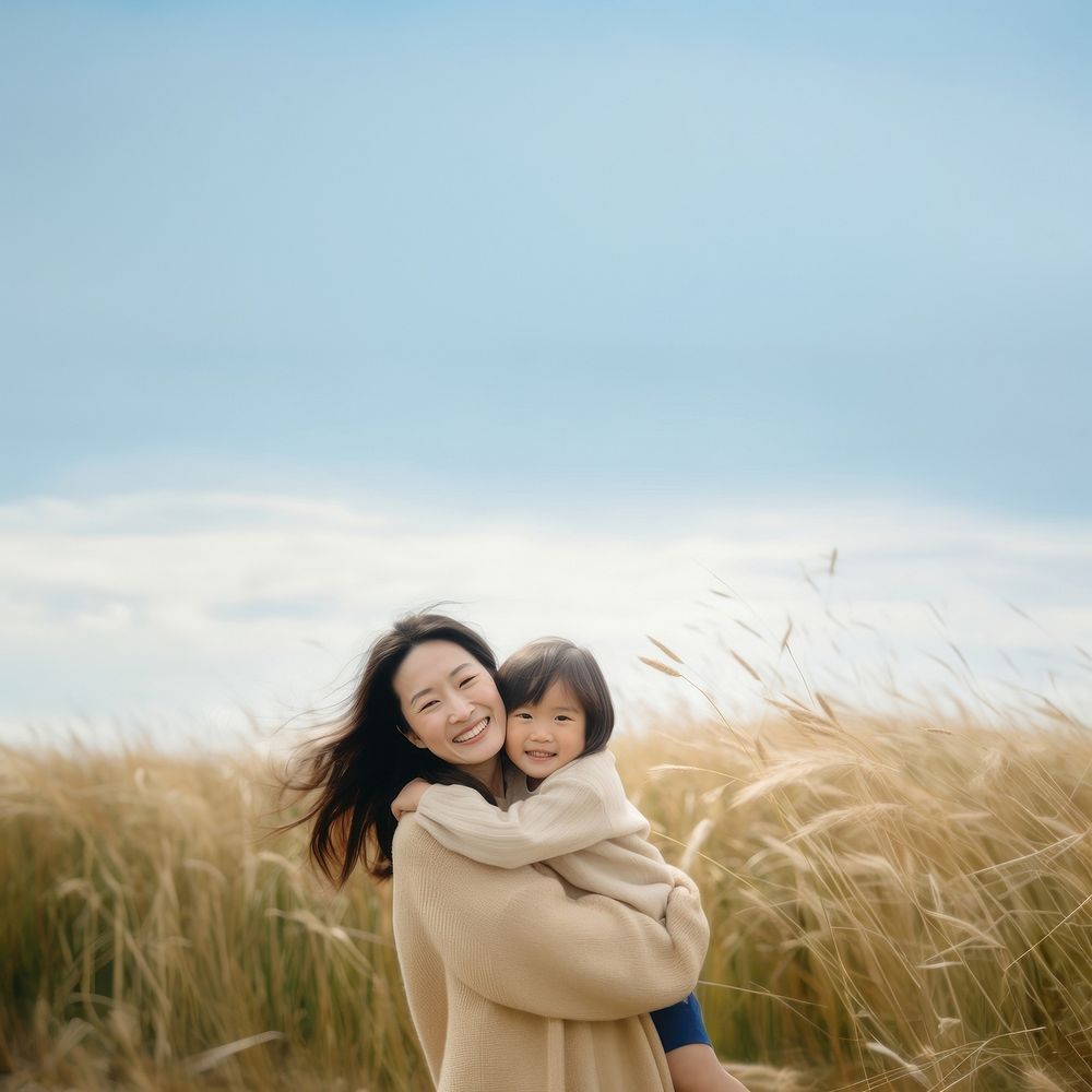 full body of Asian mother hug asian daughter. 