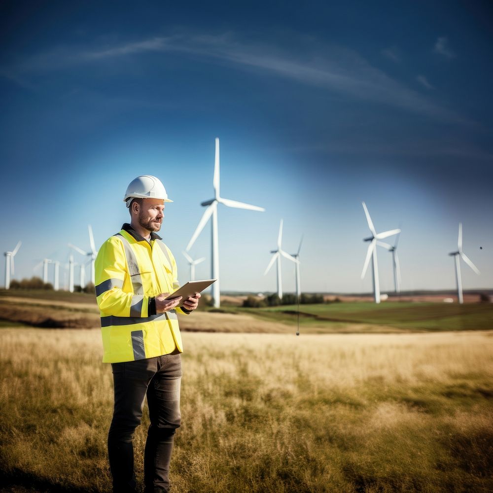 photo of Wind turbine worker useing tablet. AI generated Image by rawpixel.