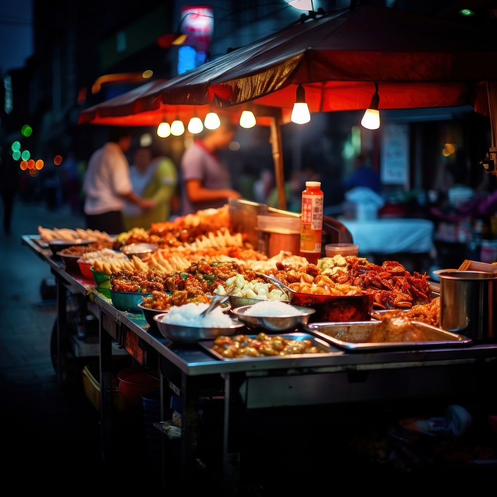 Street food architecture illuminated restaurant. 