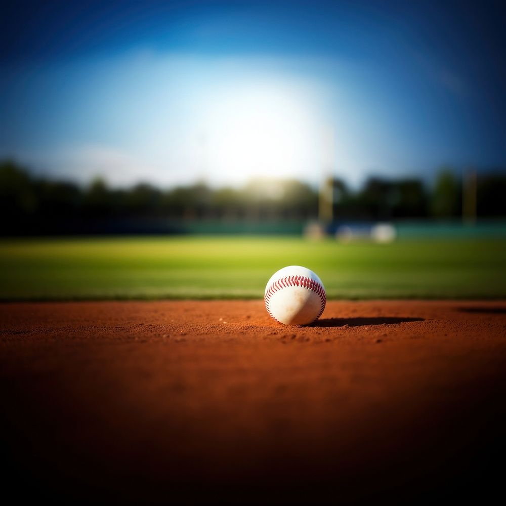 photo of Close-up of baseball on Grass Field with Blurry Stadium in Background. 