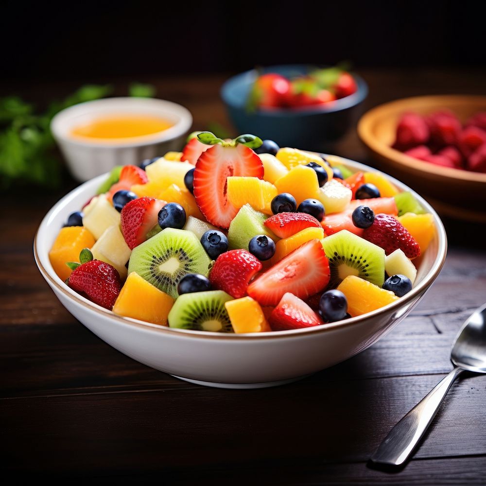 Fresh fruit salad bowl berry table. AI generated Image by rawpixel.