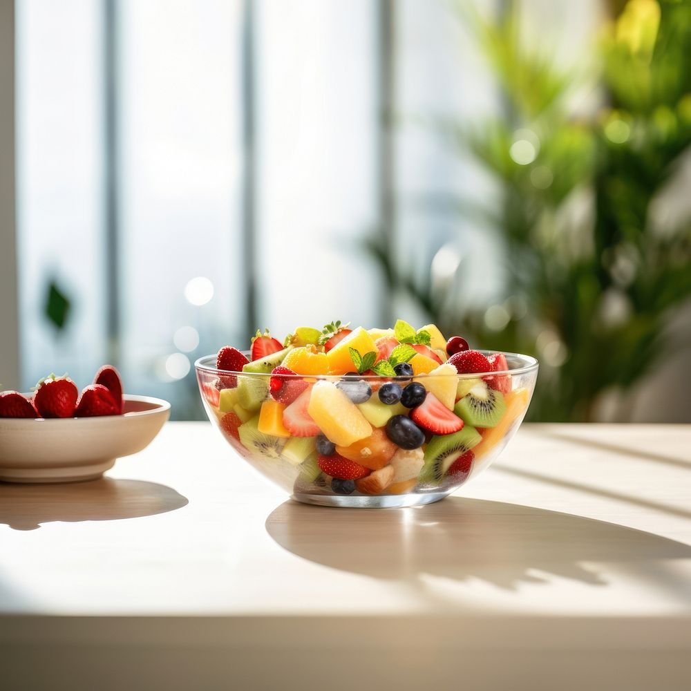 Fresh fruit salad bowl table food. 