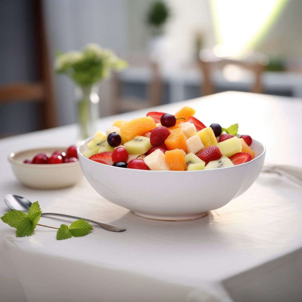 Fresh fruit salad bowl table food. AI generated Image by rawpixel.