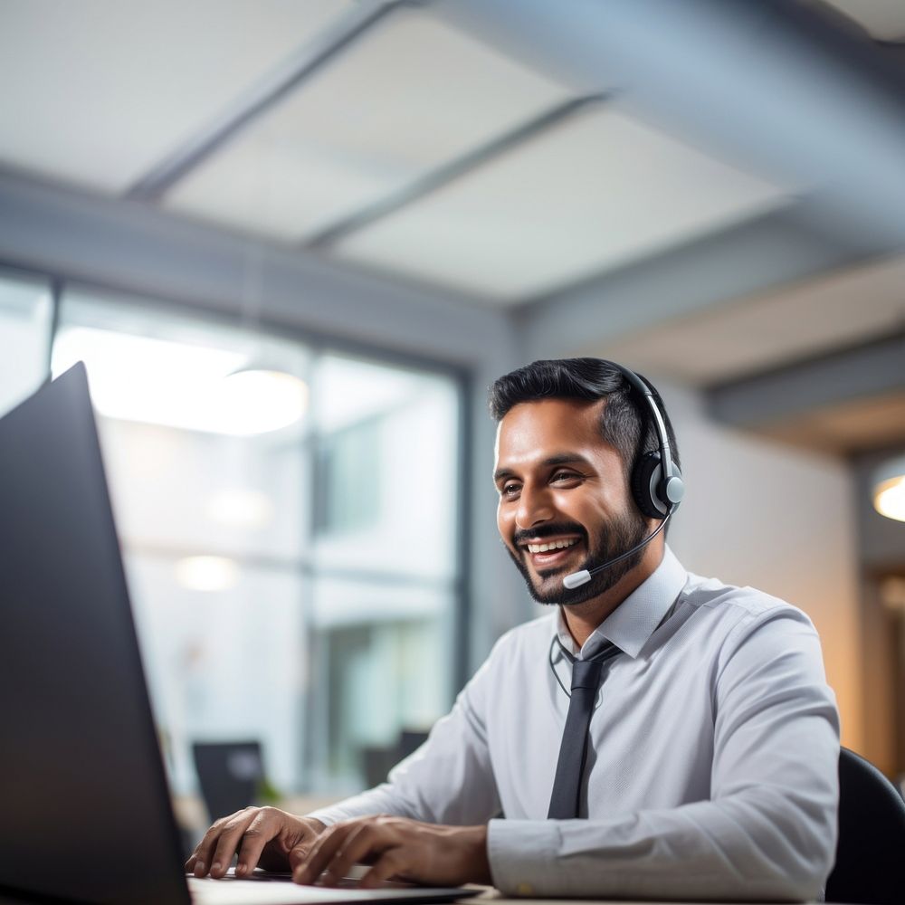 Photo of indian man working at call center, smilling talking to a laptop. 