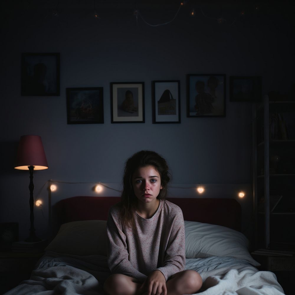 Sad teenager bed photography furniture. AI generated Image by rawpixel.