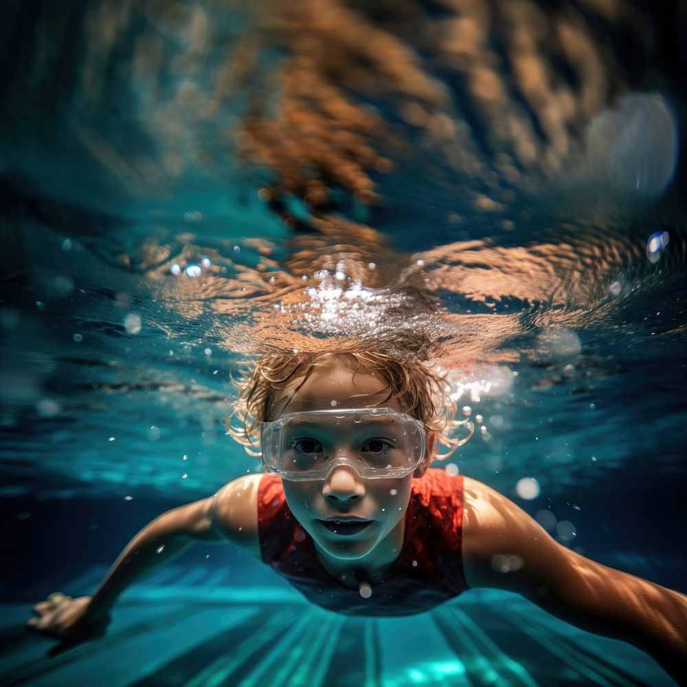 Young swimmer underwater swimming recreation. 