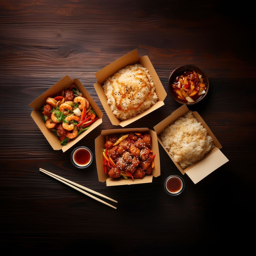 Chinese take-out food chopsticks xiaolongbao vegetable. 