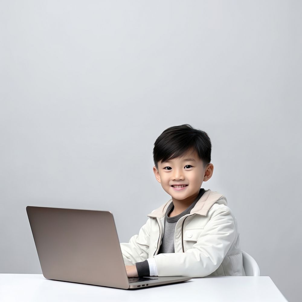 Little asian boy student study online computer laptop sitting. AI generated Image by rawpixel.