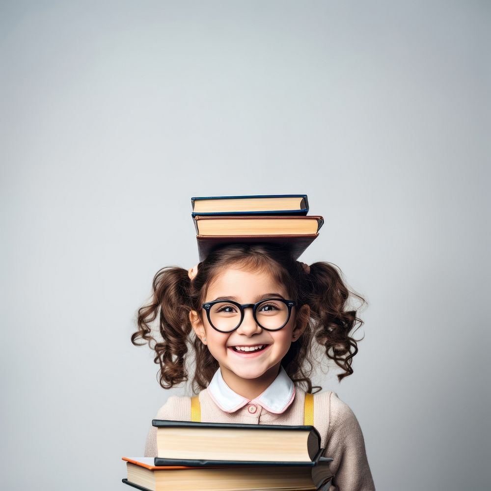 Child school portrait glasses book. 