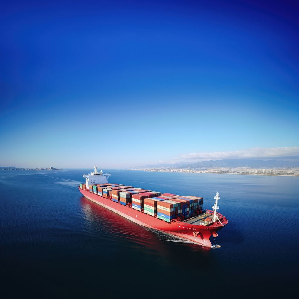 Aerial view of a large, heavily loaded container cargo ship. 