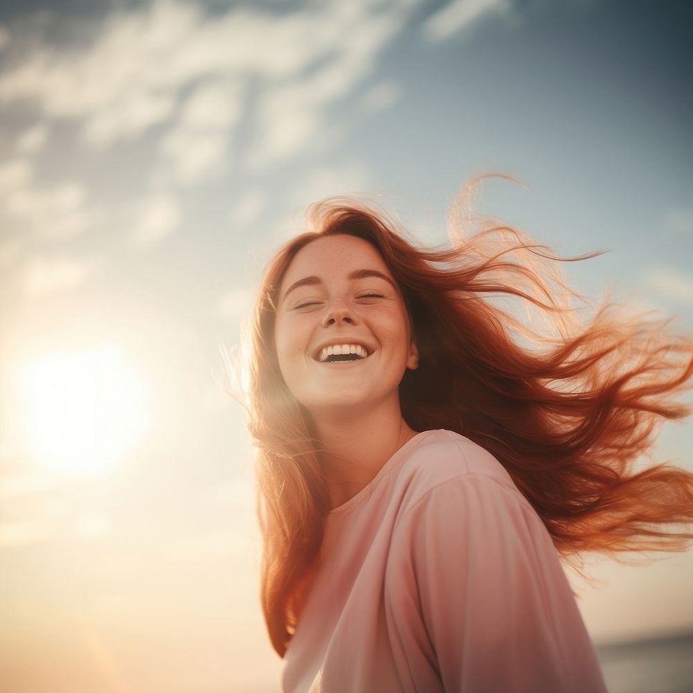 Young chubby woman laughing outdoors adult. AI generated Image by rawpixel.