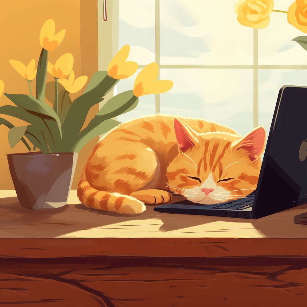 Cat sleeping laptop table furniture. AI generated Image by rawpixel.