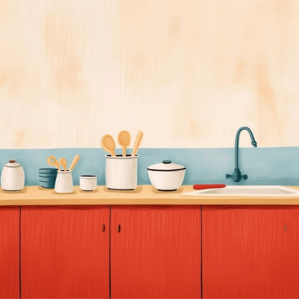 Minimal and simplified kitchen scene, children's book illustration style. AI generated Image by rawpixel.