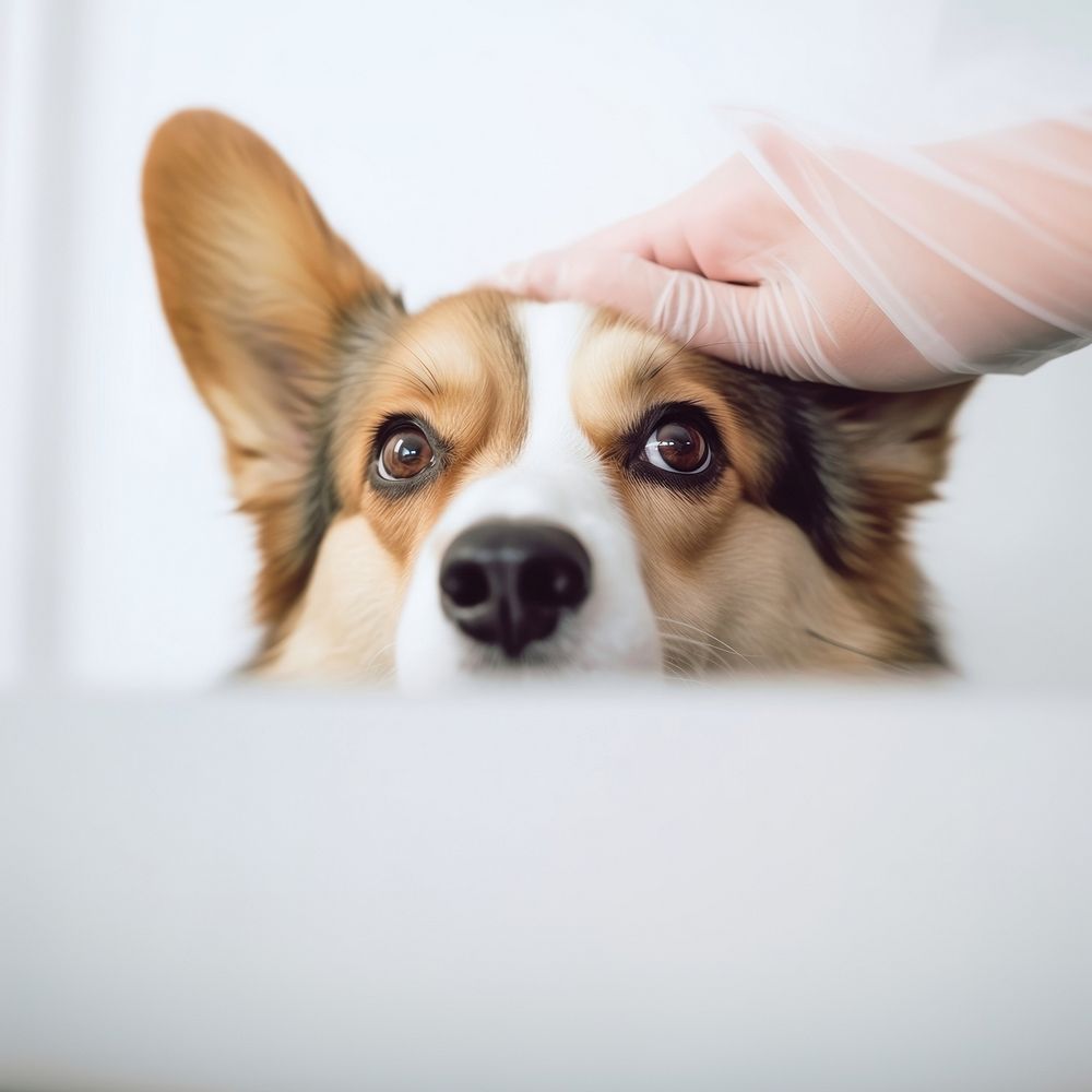 minimal, photo of Veterinarian examines the eyes of a sick corgi dog. AI generated Image by rawpixel.