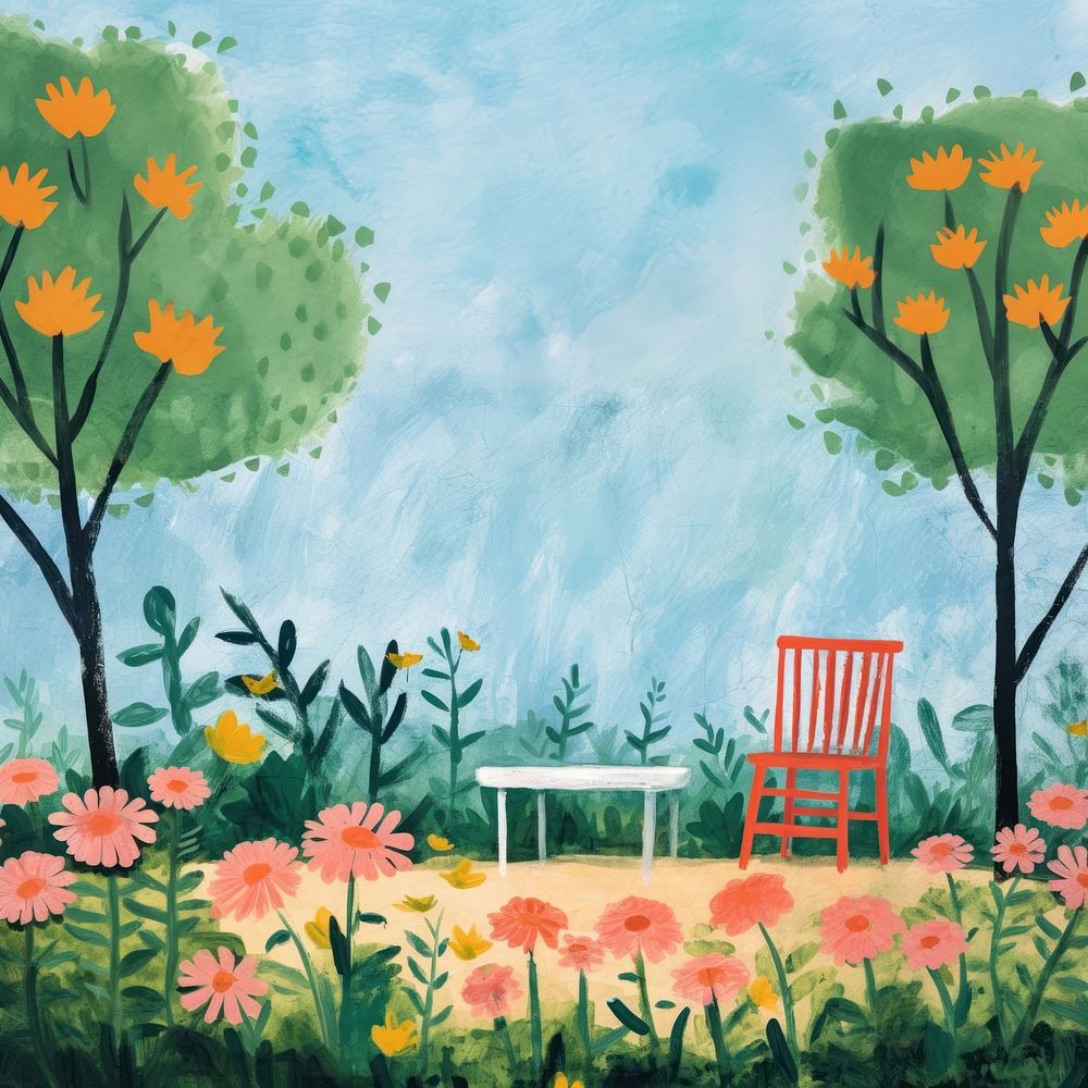 Garden scene furniture painting outdoors. 