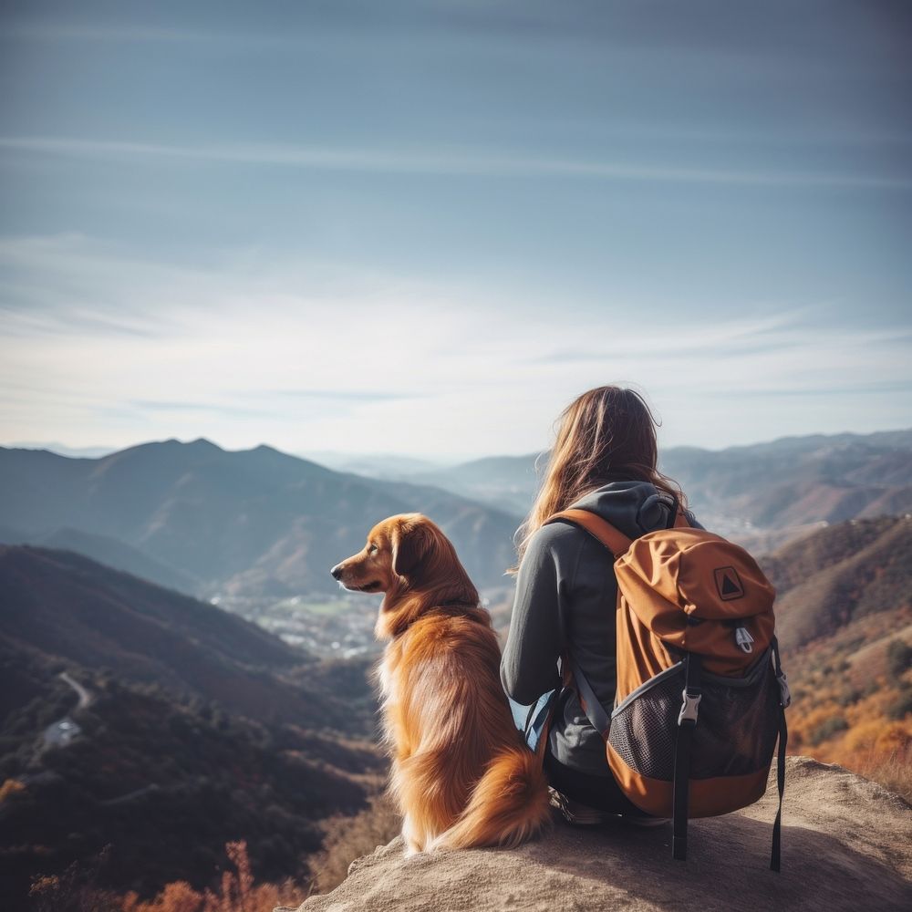 photo of women traveling with dog. 