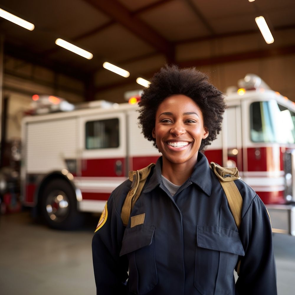 Firefighter standing vehicle smiling. AI generated Image by rawpixel. 