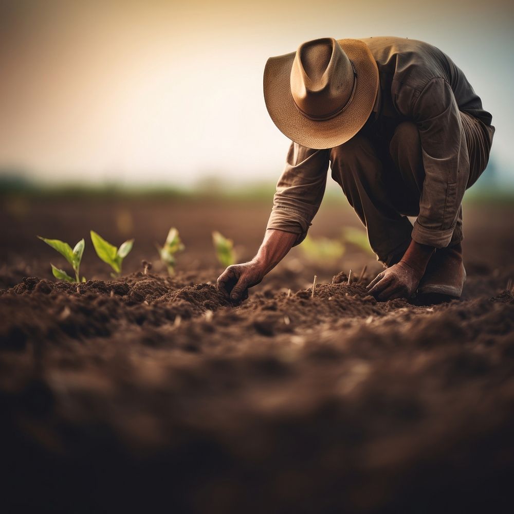 photo of a dusty farmer planting crop. AI generated Image by rawpixel.