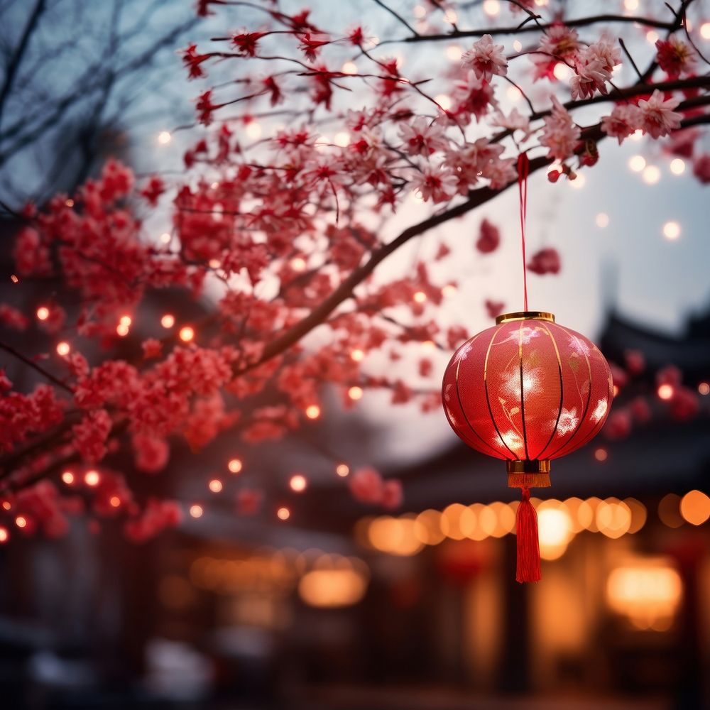 photo of chinese new year lantern, blurred new year's firework in background. 