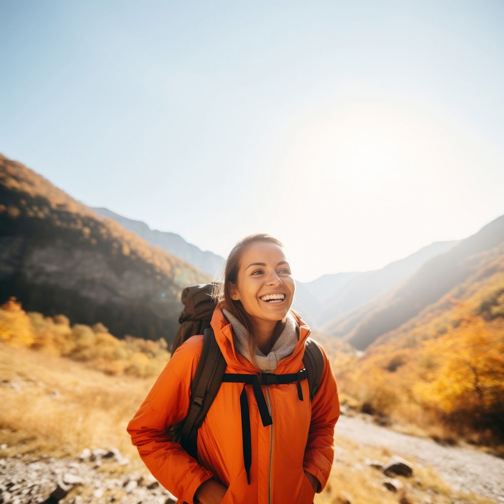 Woman hiking recreation adventure mountain. 