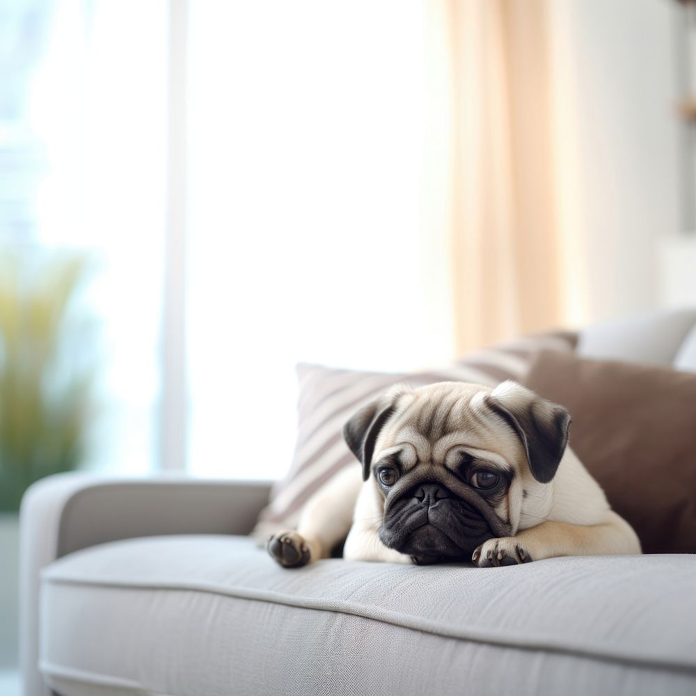 Photo of pug dog lying on a pillow in living room. 