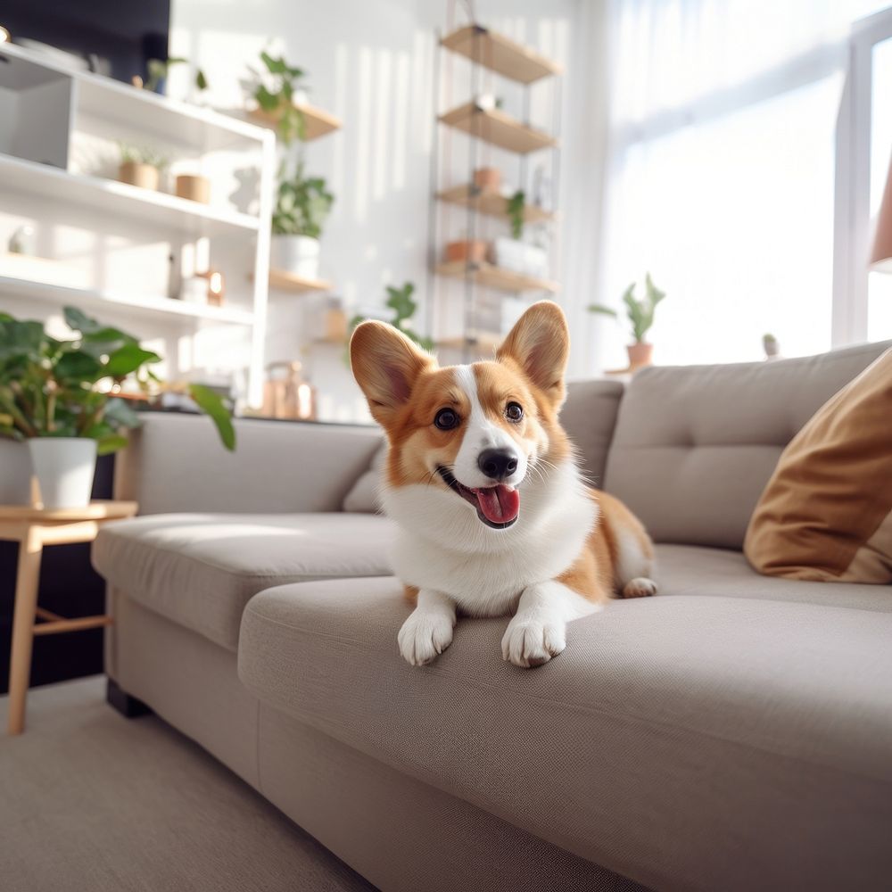 photo of Stylish and Scandinavian living room interior of a modern apartment with a Corgi dog lying on the couch. AI…