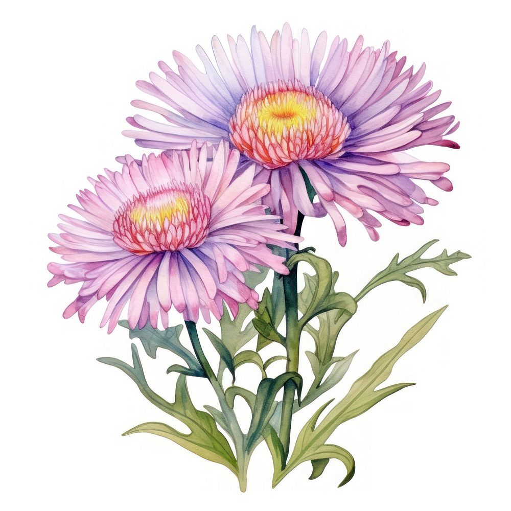 Watercolor flower aster plant daisy. 