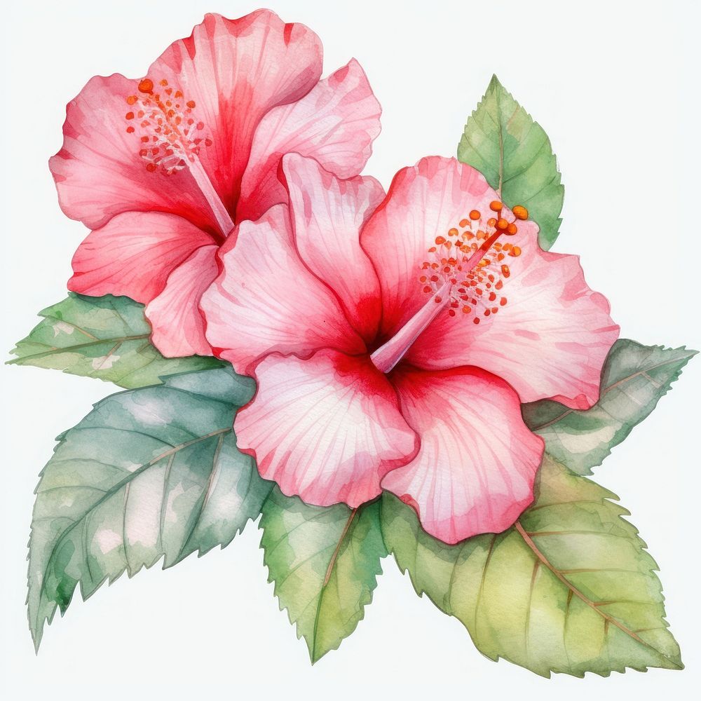 Watercolor flower hibiscus plant inflorescence. 