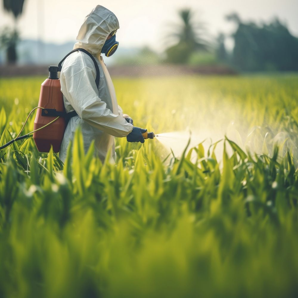 Asian farmer wear safety clothes with protective mask spraying organic pesticides. AI generated Image by rawpixel.