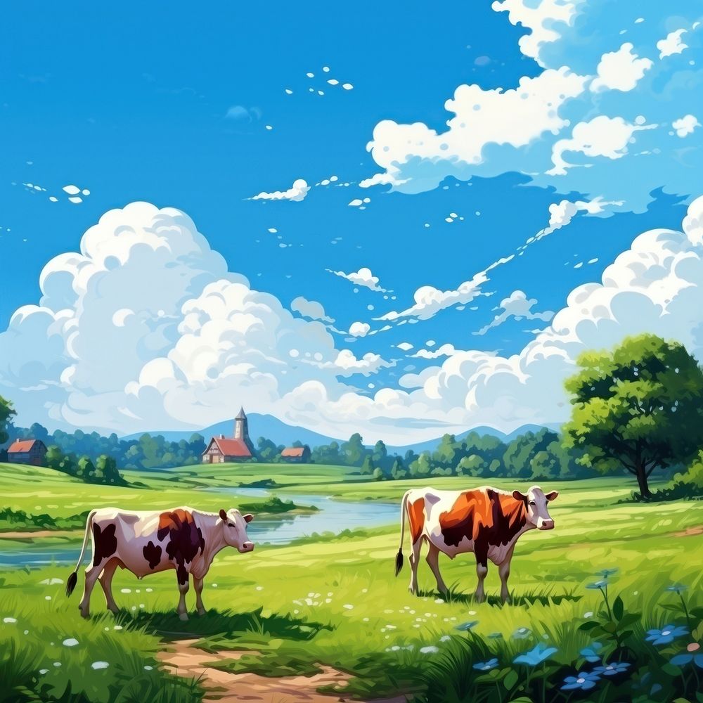 Cow countryside grassland livestock. AI generated Image by rawpixel.