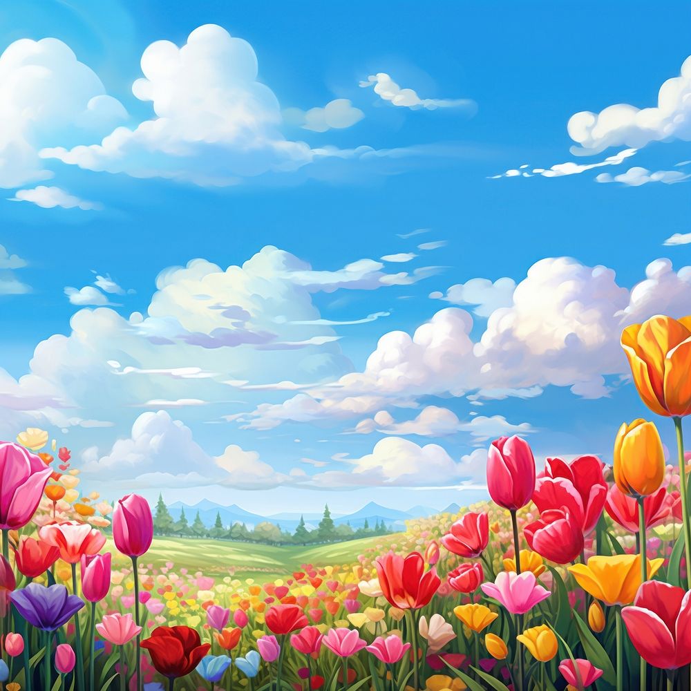 Tulips flower field border backgrounds landscape outdoors. AI generated Image by rawpixel.