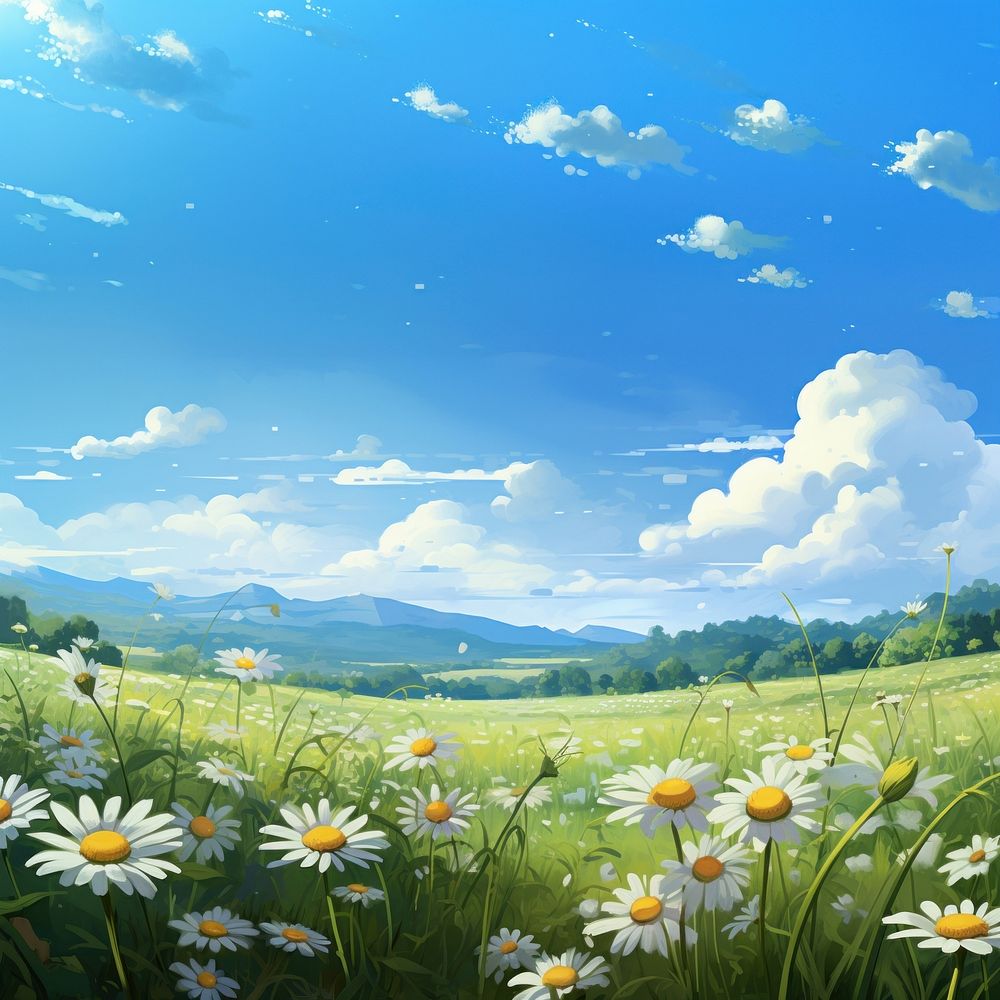 Daisy flower field border landscape grassland outdoors. AI generated Image by rawpixel.