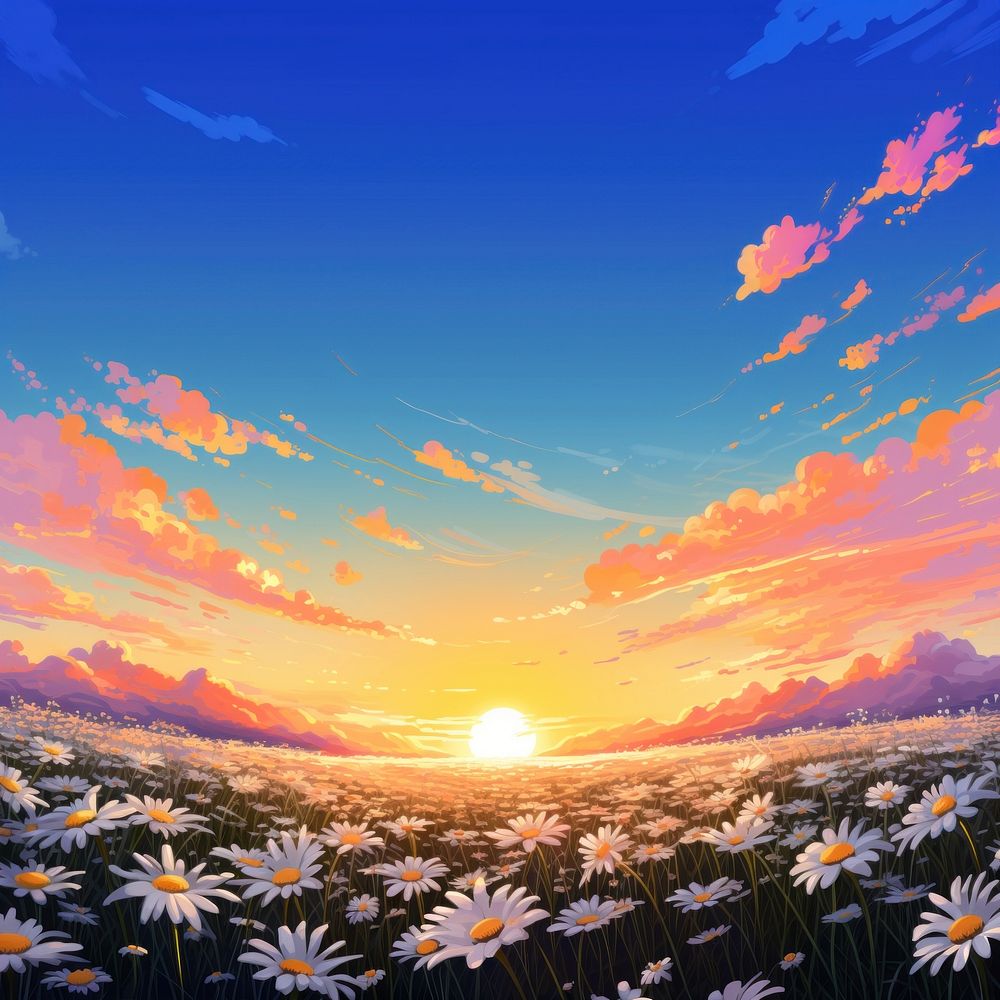 Summer daisy field sunset sky landscape outdoors. 