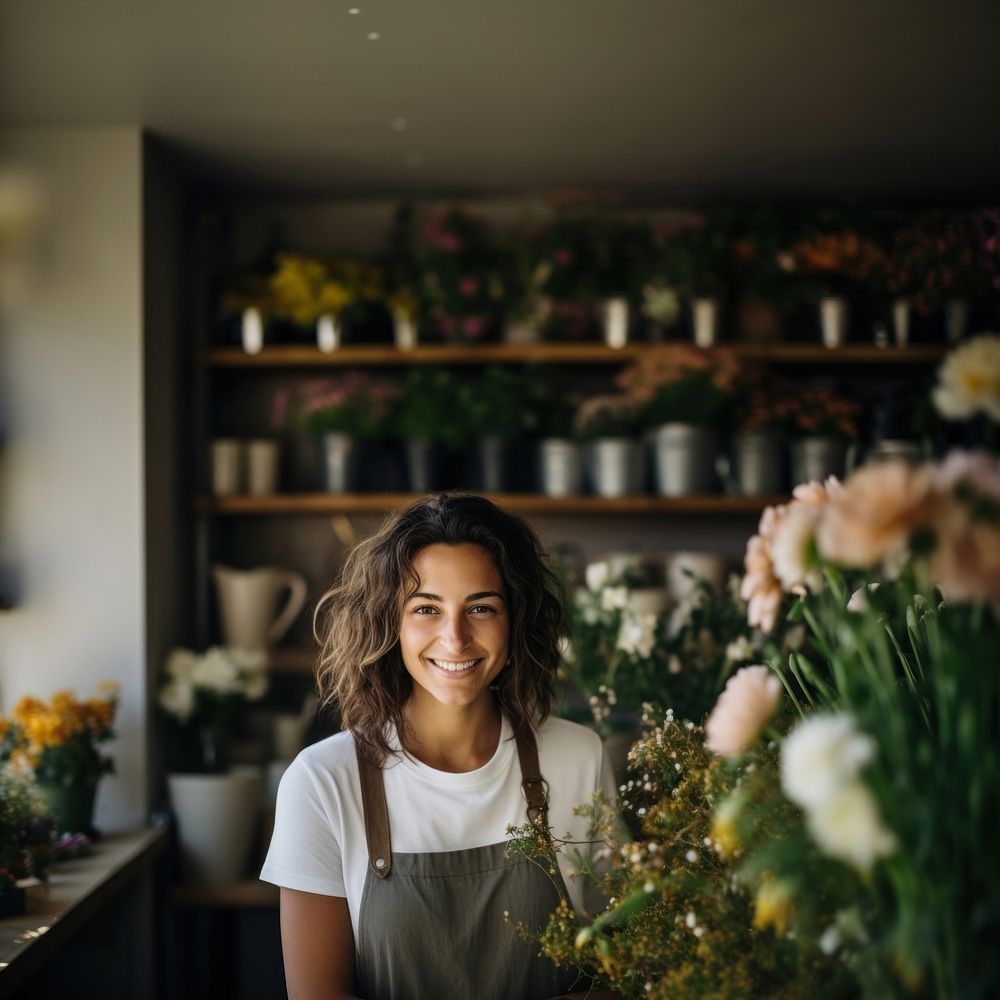 Flower standing smiling female. 