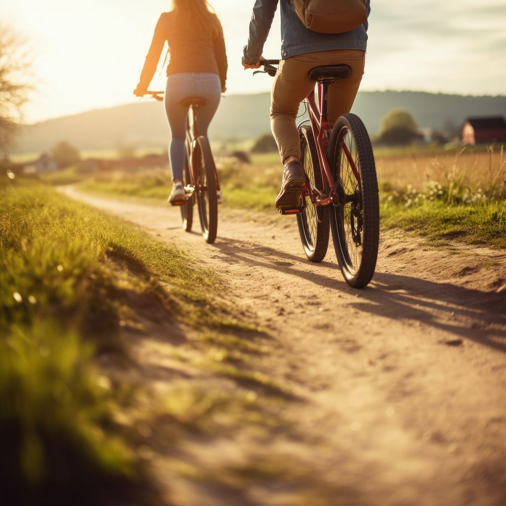 photo of couple riding bicycles through countryside. 