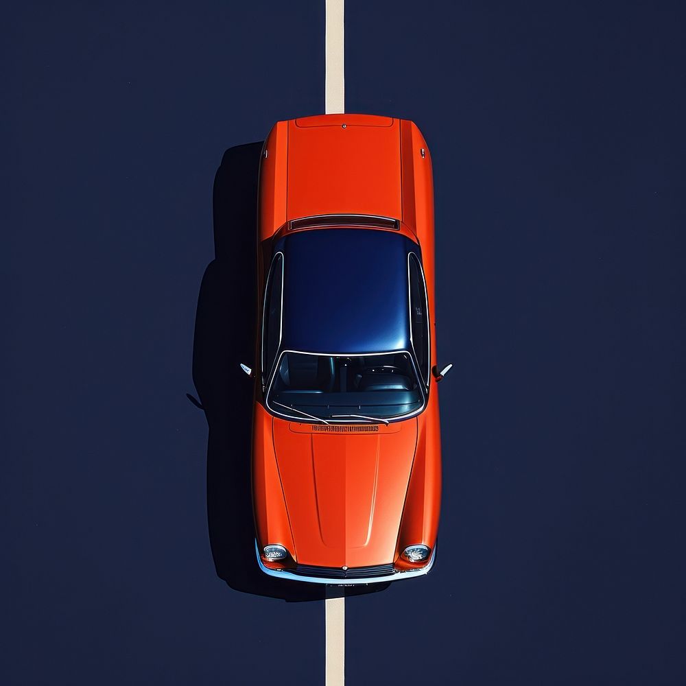 Orange sports car on a road. 