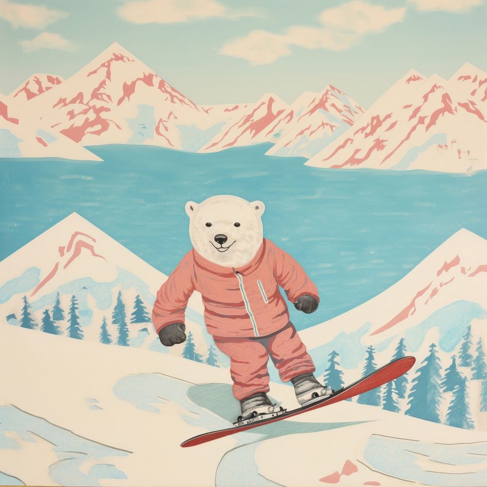 Polar bear skiing snowboarding adventure outdoors. AI generated Image by rawpixel.