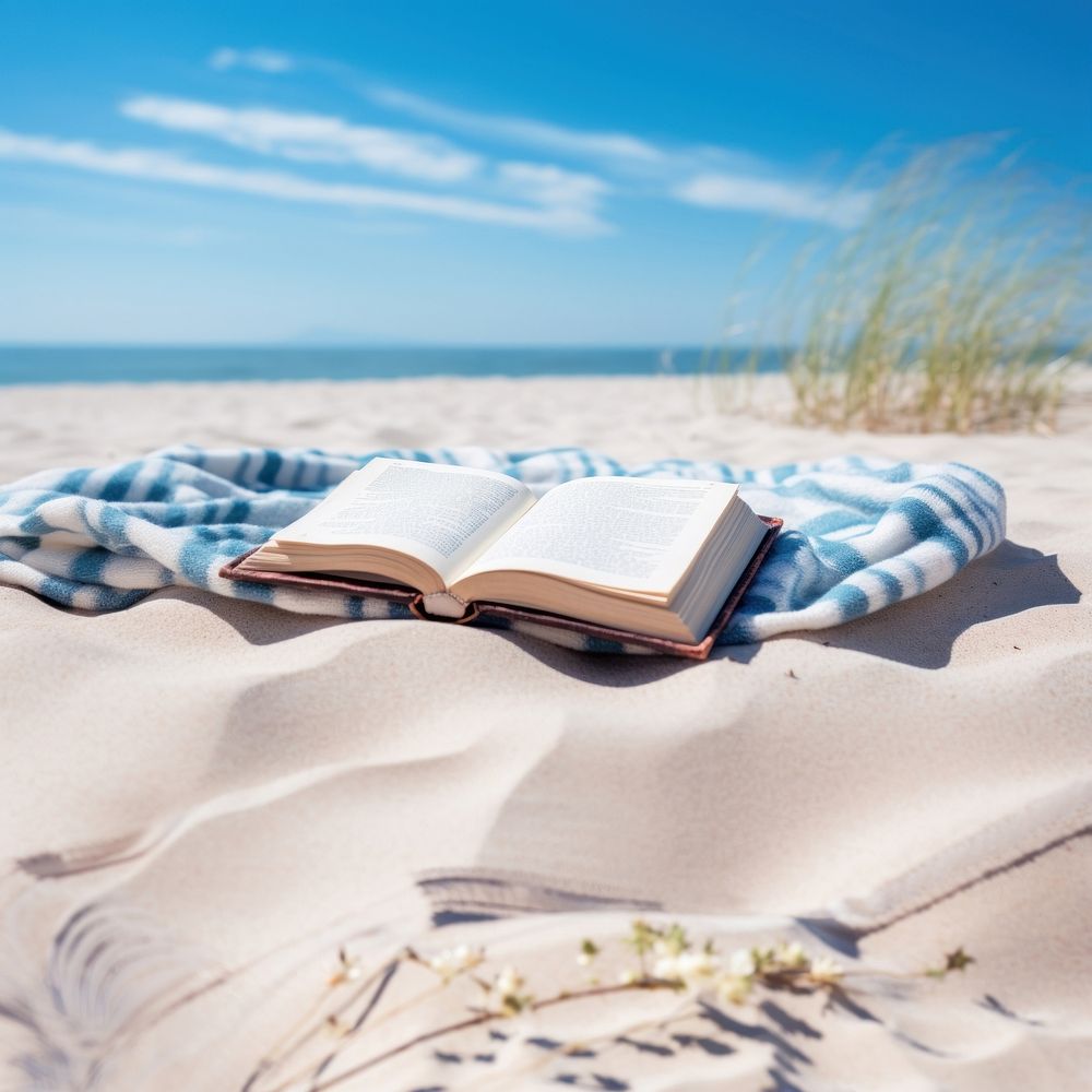 Book on the picnic blanket in beach white sand. AI generated Image by rawpixel. 