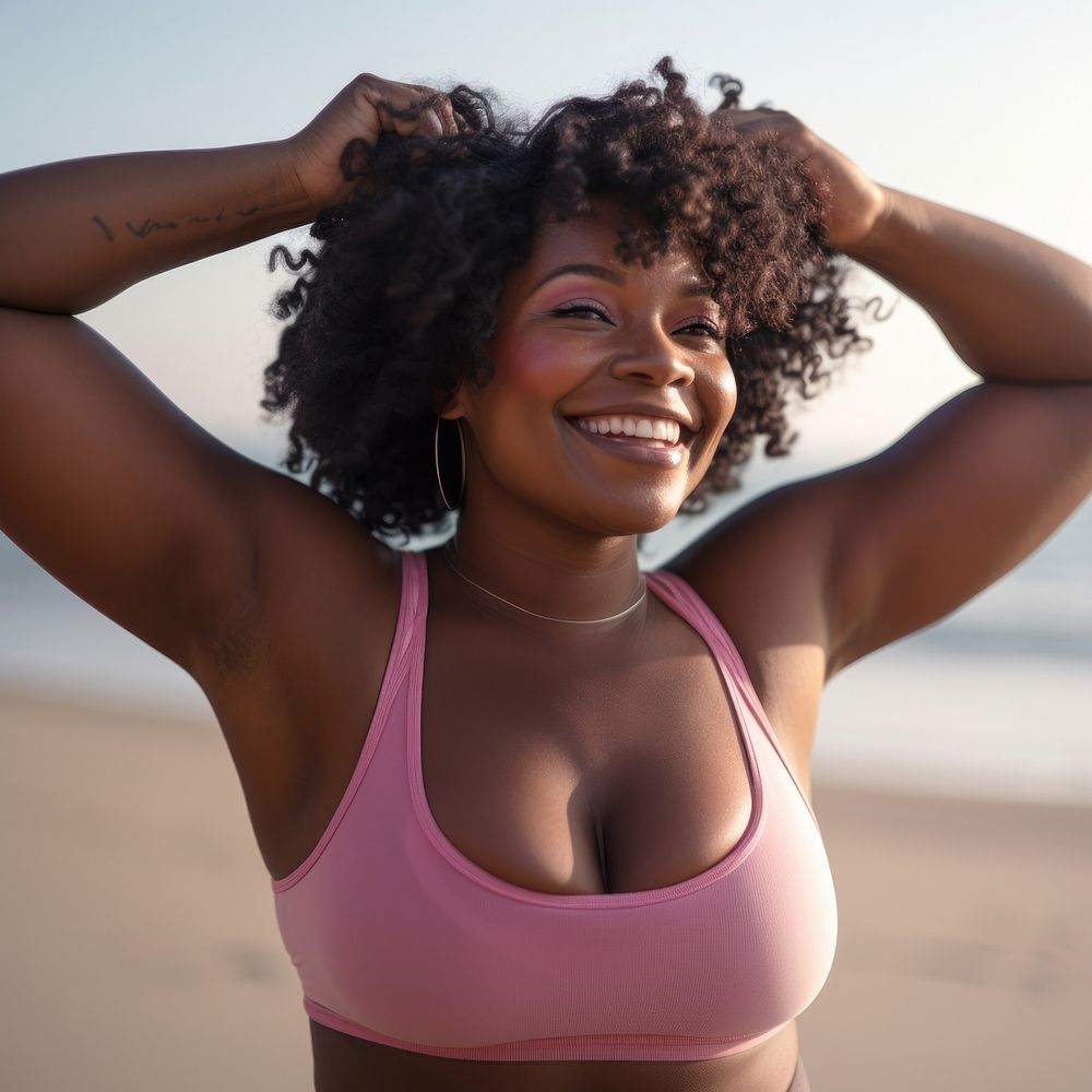 Chubby black woman swimwear outdoors smiling. AI generated Image by rawpixel.