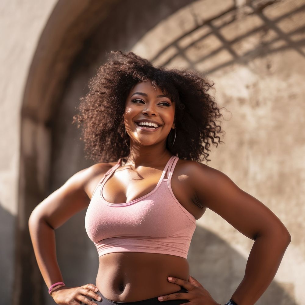 Chubby black woman portrait outdoors smiling. AI generated Image by rawpixel.